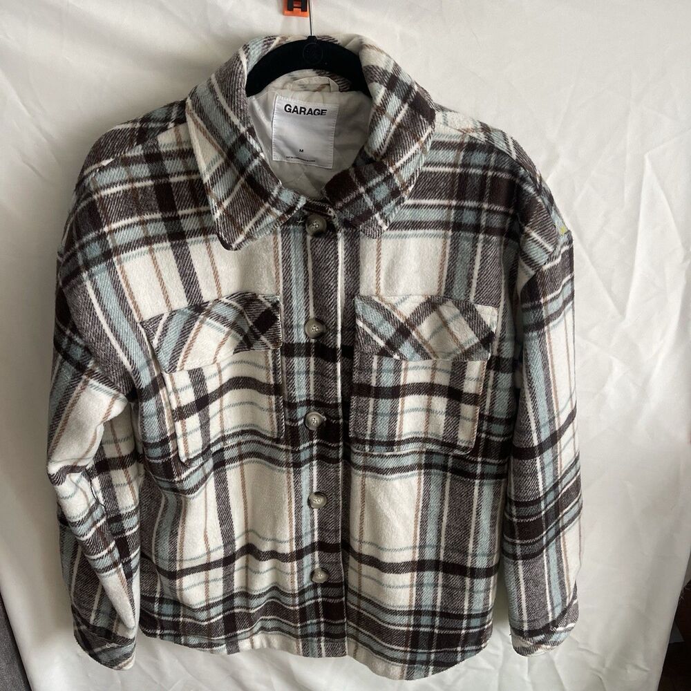 Garage Women's Medium Button Down Shirt Check Plaid Beige Green Winter Jacket